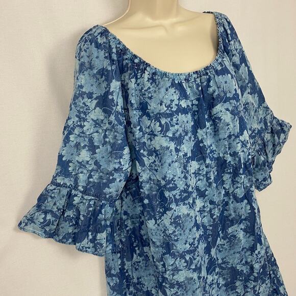 Ruby Rd Chambray Denim Dress Womens XL Blue Floral Bell Sleeve Peasant Milkmaid - Picture 2 of 11